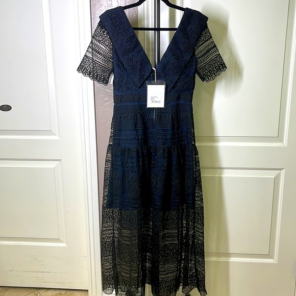 Self Portrait Spiral Panel Lace Midi Dress Navy Blue US Size 6 NEW - Picture 9 of 13